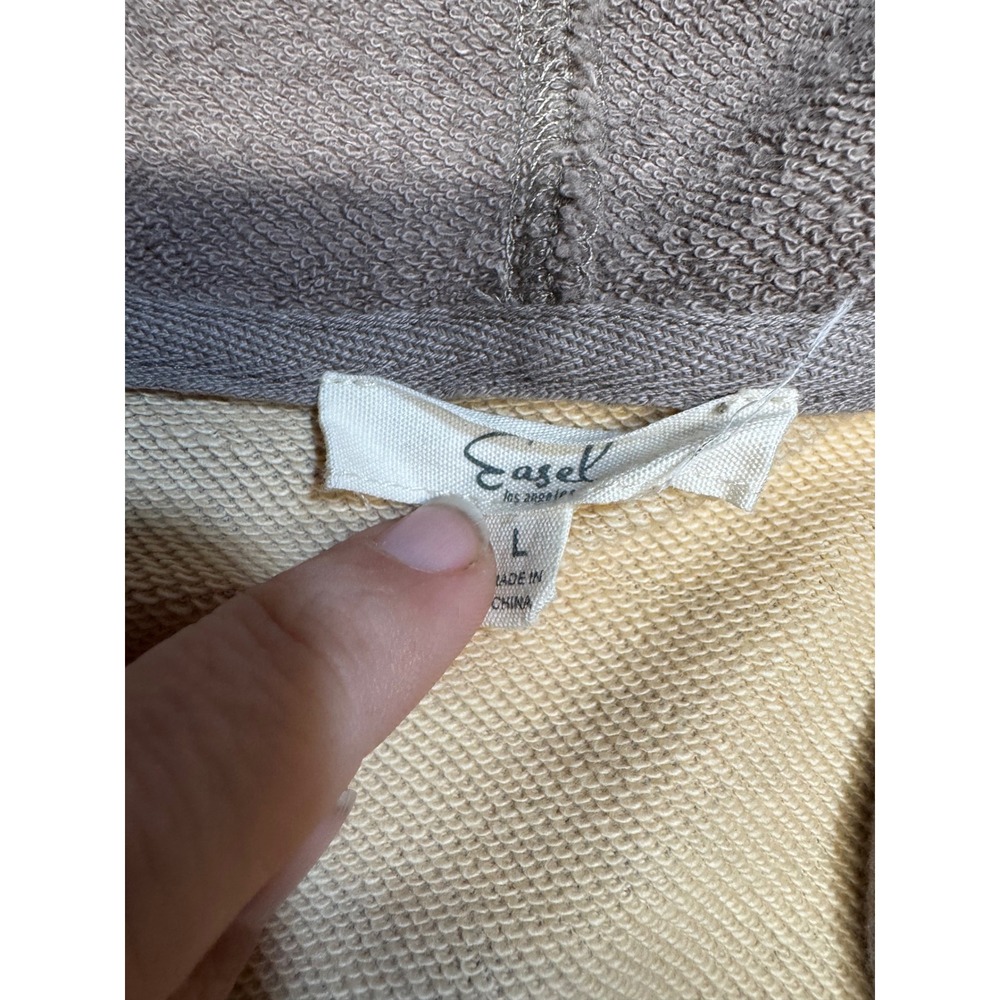 Easel Los Angeles Womens Camo Mixed Media Hoodie Grey Raw Edge Pullover Large - Picture 2 of 2
